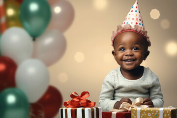 dark-skinned one year old child celebrating birthday with gifts and balloons