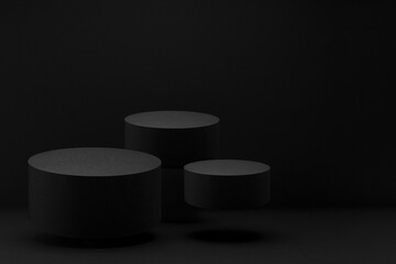Three black round soaring podiums, set, mockup on black background, shadow. Template for presentation cosmetic products, gifts, goods, advertising, design, display, showing in exquisite style.