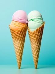 Two ice cream cones in front of blue background