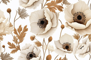 drawn poppy flowers, three-dimensional on a white background, 3D