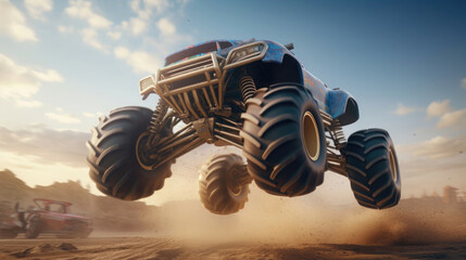 monster truck jumping with big wheels on the sand in the desert, view from below - obrazy, fototapety, plakaty