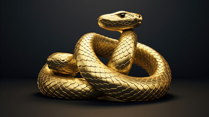 Fototapeta premium golden snake twisted on a dark background with a glare