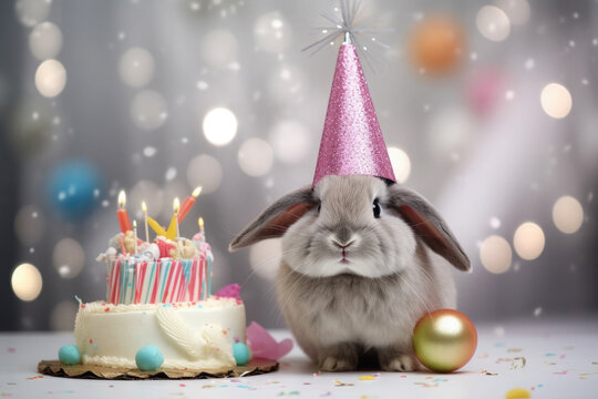 bunny in a shiny birthday cap with a cake with candles - Powered by Adobe
