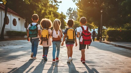 Group of young children walking together in friendship, embodying the back-to-school concept on...