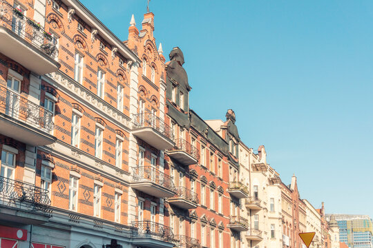 Poland, Silesia, Katowice, Row of old town apartment buildings