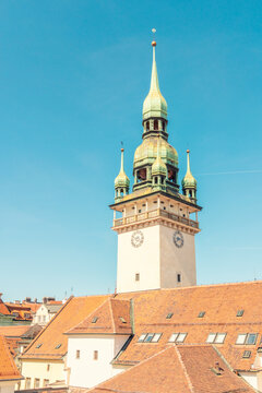 Czech Republic, South Moravian Region, Brno, Tower of historic town hall against clear sky