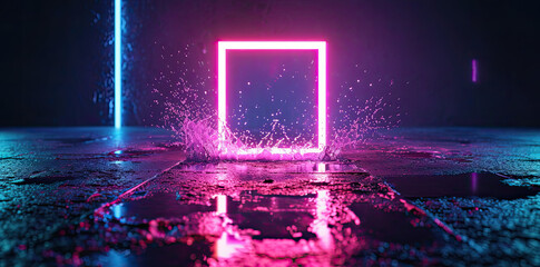 Purple neon frame, copy space, promotional banner, background with lights