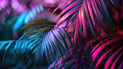 Palm tree leaves with purple and pink neon lights 