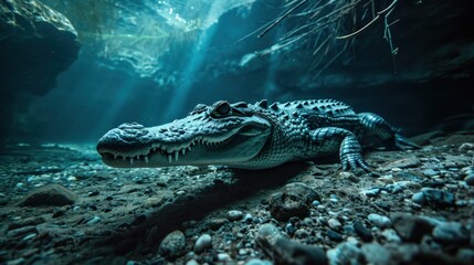 Beautiful underwater environment. Half Underwater, A Wide Shot into the Mysterious Deep with Crocodile.	
 - obrazy, fototapety, plakaty