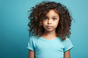 Portrait of a cute little african american girl with curly hair on blue background