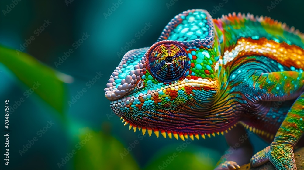 Wall mural close up colorful chameleon. tropical wildlife animal. color changing.