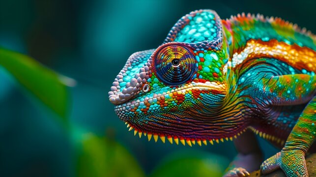 Close up colorful chameleon. Tropical wildlife animal. Color changing. 