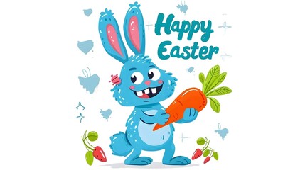 Blue rabbit with carrot. Crazy monster. Text. Inscribed "Happy Easter". Funny Cartoon bunny character.