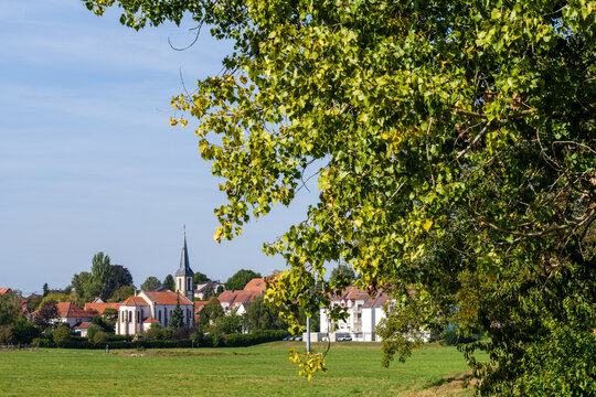 Village de Lampertheim : L'&eacute;glise catholique au premier plan, typique de l'Alsace, CeA, Grand Est, France