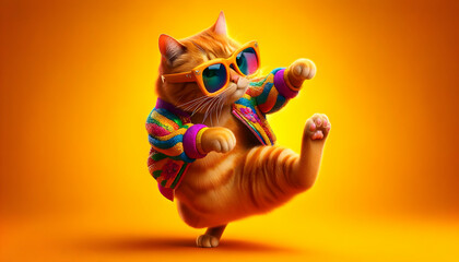 a cool cat dancing in sunglasses and colorful shirt on a orange background
 - obrazy, fototapety, plakaty