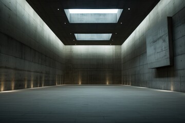 An empty room with concrete walls and floor. Generative AI.