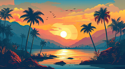 Fototapeta na wymiar Seaside Serenity: Illustration Vector with Towering Palms