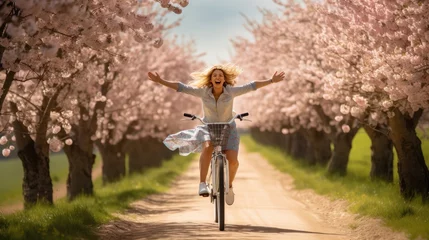 Foto op Canvas joy as a happy woman cheerfully rides a bicycle along a country road under flowering trees—a vibrant spring concept image radiating the energy of a carefree and active lifestyle, © pvl0707