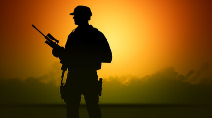 Fototapeta na wymiar Soldier salute. Silhouette on sunset sky. War, army, military, guard concept.