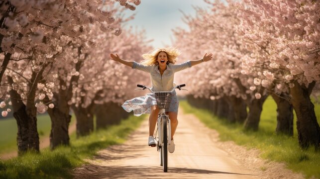 joy as a happy woman cheerfully rides a bicycle along a country road under flowering trees—a vibrant spring concept image radiating the energy of a carefree and active lifestyle,