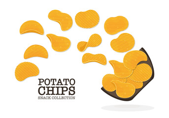 Vector illustration of wavy potato chips with crispy, wavy pieces bouncing off a wooden bowl. Vector crispy vegetable snacks or junk food Salty potato chips isolated on a white cartoon background.
