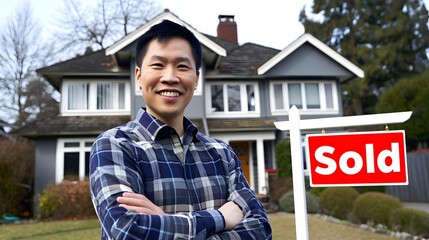 An Asian American man proudly stands in front of his sold house. "Sold" sign in the background. 