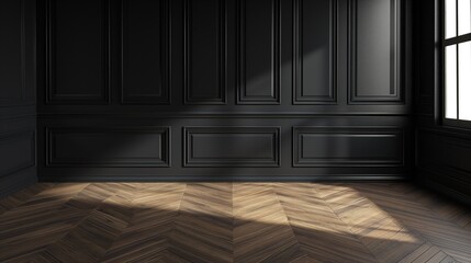 Modern classic black empty interior with wall panels and wooden floor.