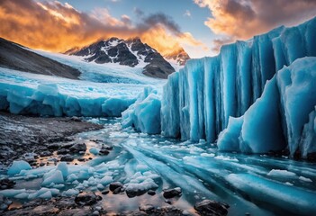 Un paysage nordique avec des blocs de glace une montagne et un coucher de soleil-generative AI