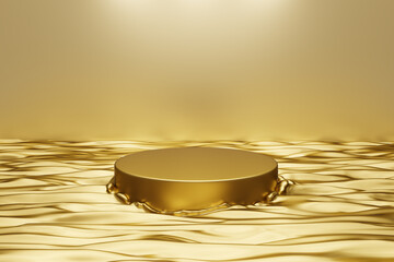 Gold circle platform podium floating water wave luxury elegant. wall golden light backdrop. Advertisement cosmetic, beauty products, skincare or stage of fashion model. Copy space. 3D Illustration. - obrazy, fototapety, plakaty