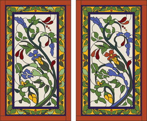 Stained-glass panel in a rectangular frame. Classic window, abstract floral arrangement of buds and leaves in the art Nouveau style. Vector
