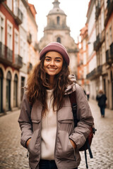 Smiling woman in casual wear exploring European city street