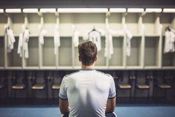 Man sitting in locker room with soccer jerseys hanging