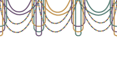 Hand drawn watercolor Mardi Gras carnival symbols. Garland festoon glass bead jewel pearl strings, gold purple green. Seamless banner isolated on white background. Design party invitation, print, shop © Elena
