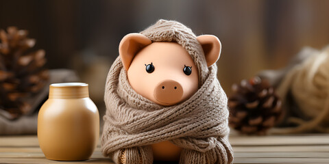 A piggy bank money box wrapped up warm with a scarf. Winter season heating bills, Heat saving, heating prices. Thermal insulation of building or dwelling - obrazy, fototapety, plakaty