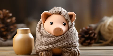 Fotobehang A piggy bank money box wrapped up warm with a scarf. Winter season heating bills, Heat saving, heating prices. Thermal insulation of building or dwelling © iqra