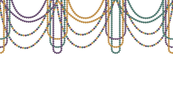 Hand drawn watercolor Mardi Gras carnival symbols. Garland festoon glass bead jewel pearl strings, gold purple green. Seamless banner isolated on white background. Design party invitation, print, shop
