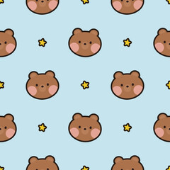 Cute animals pattern, hand drawn forest background with star, frog, bear, chick and rabbit vector illustration