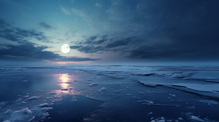 Fototapeta na wymiar Winter Moon over Icy Ocean A full winter moon castle
