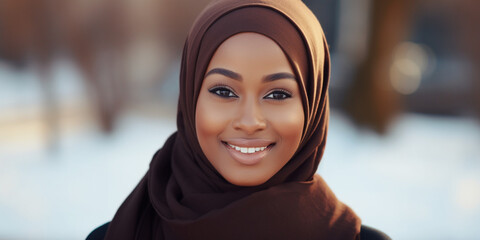 Portrait of a beautiful young African woman with brown hijab. - obrazy, fototapety, plakaty