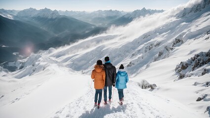 Fototapeta na wymiar Family mountain climbers walk together. Beautiful mountain travel.