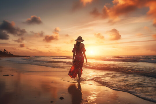 Nature, hobbies and leisure, travel concept. Beautiful young woman walking in tropical island beach during sunset. Model wearing colorful dress