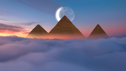 Giza Pyramid Complex with crescent moon at sunset - Cairo, Egypt