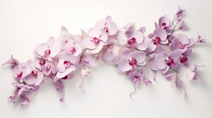 a graceful cascade of orchid petals, their exotic shapes and hues delicately arranged on a spotless white background, evoking a sense of luxury and natural opulence.