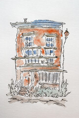 House sketch. Architectural scene created with liner and watercolor. Color illustration on watercolor paper - 704879317