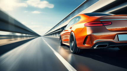Obraz premium Fast modern car driving on highway. Speed motion blur