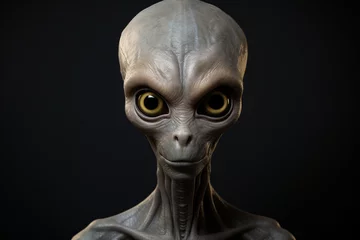 Fotobehang Alien or extraterrestrial, sci-fi, horror concept. Gray alien portrait with big heads and dark big eyes in dark background © Rytis
