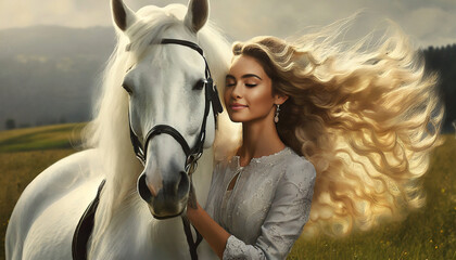 Close-up of a beautiful white horse hugged by a young woman with beautiful long curly blonde hair blowing in the wind. Generative Ai. - Powered by Adobe