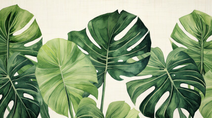 Tropical monstera leaf watercolor texture. Wall art wallpaper