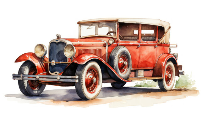 Fototapeta Red vintage convertible car illustration on white. Wall art wallpaper