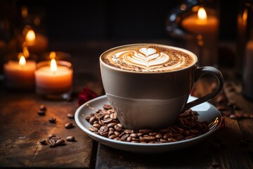 Warm coffee with art on wooden surface, coffee image